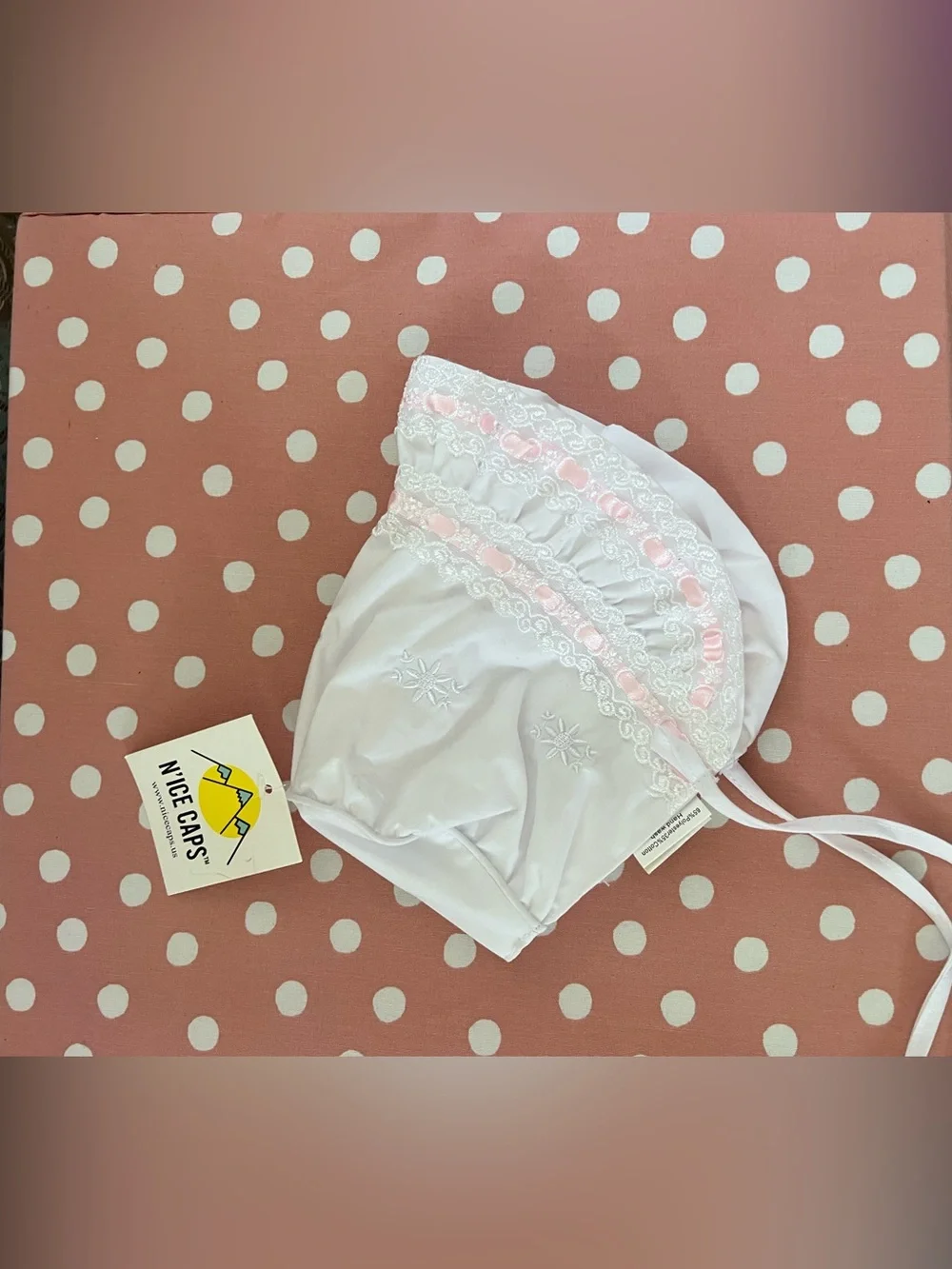 White Baby Bonnet with Pink Ribbon Lace Trim